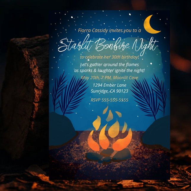 Invitation pour une fête d'anniversaire autour d'u (Cozy Starlit Bonfire Birthday Party Invitation
)
