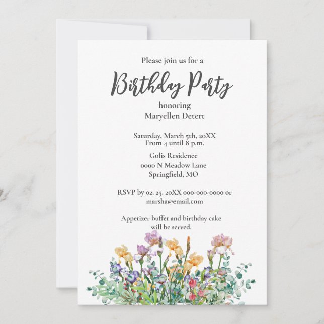 Invitation pour une fête d'anniversaire avec iris  (Devant)