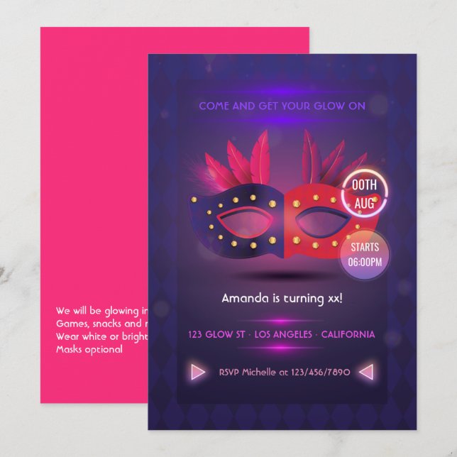 Invitation pour une fête d'anniversaire avec masqu (Devant / Derrière)