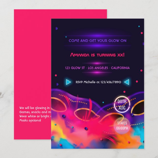 Invitation pour une fête d'anniversaire avec néon  (Devant / Derrière)