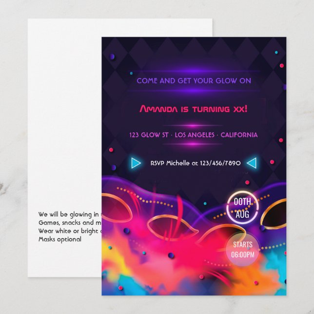 Invitation pour une fête d'anniversaire avec néon  (Devant / Derrière)