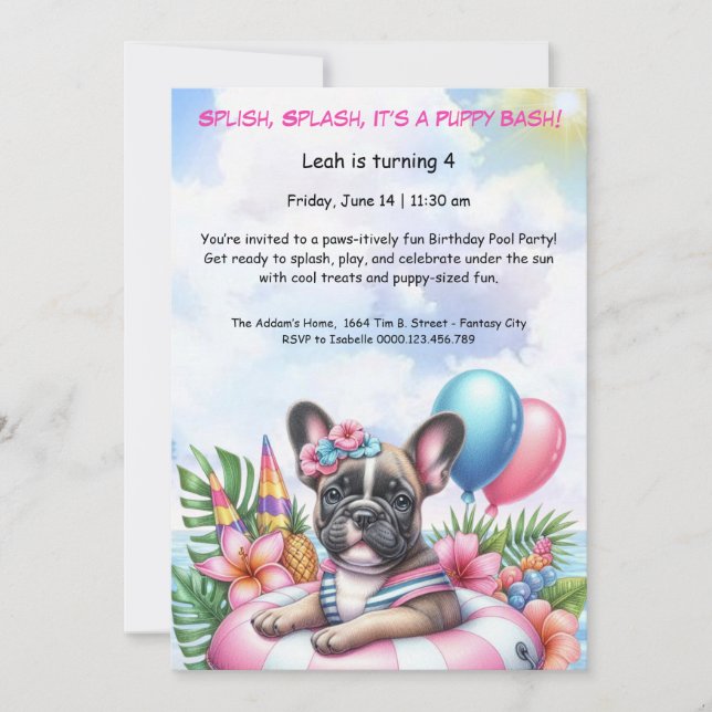 Invitation pour une fête d'anniversaire avec pisci (Devant)