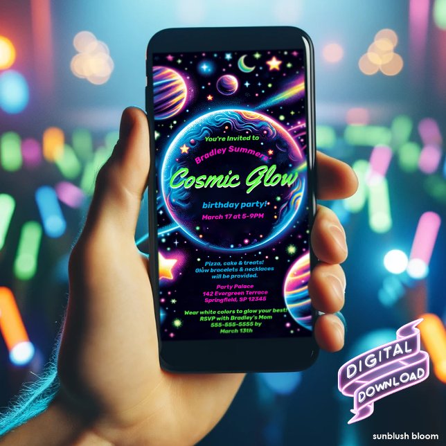 Invitation pour une fête d'anniversaire Cosmic Glo (Créateur téléchargé)