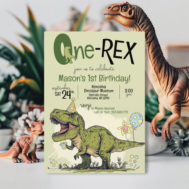 Invitation pour une fête d'anniversaire de 1 an su (Cute modern cartoon T-Rex Dinosaur One-Rex, boy 1st birthday party printable invitation, green TRex)