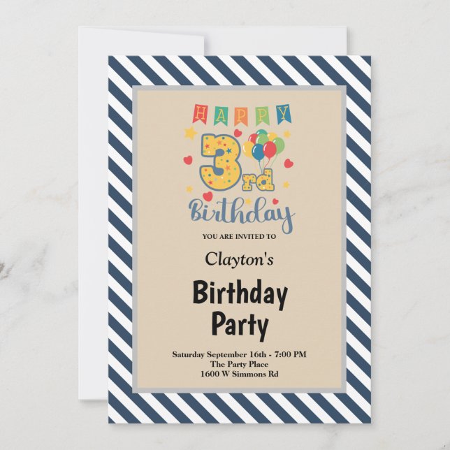 Invitation pour une fête d'anniversaire de 3 ans e (Devant)