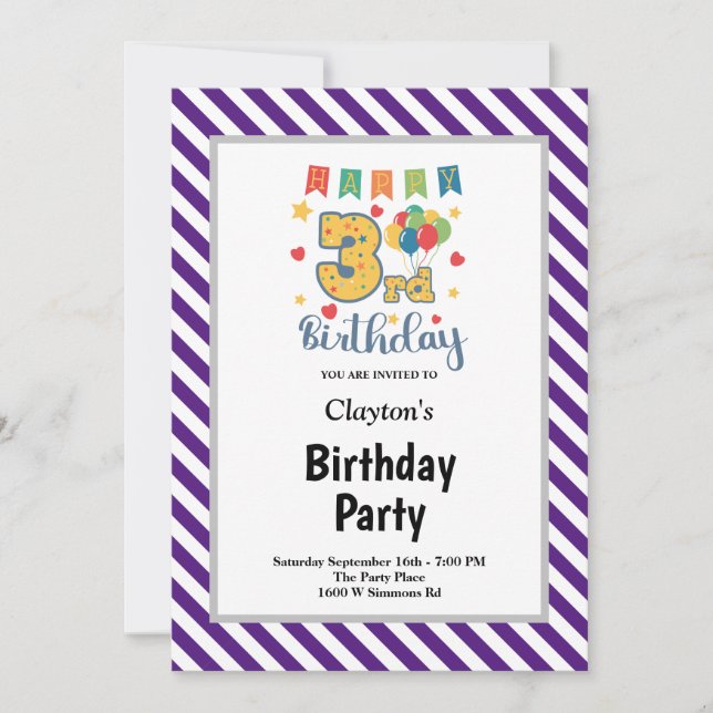 Invitation pour une fête d'anniversaire de 3 ans e (Devant)