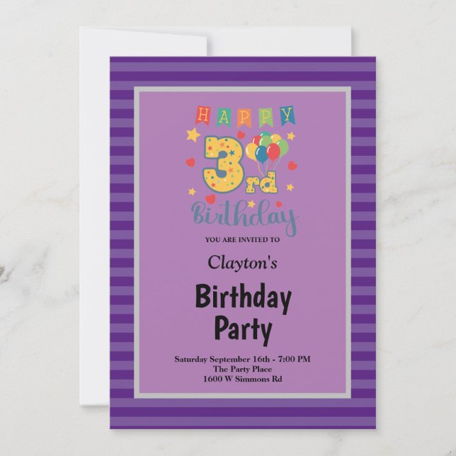 Invitation pour une fête d'anniversaire de 3 ans e (Devant)