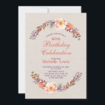 Invitation pour une fête d'anniversaire de 60 ans<br><div class="desc">Cette invitation d'anniversaire sur le thème floral d'automne présente une magnifique couronne de feuillage d'automne avec un fond de toile de jute. Vous pouvez personnaliser tout le texte. Plus d'articles assortis disponibles dans ma boutique BaraBomDesign.</div>