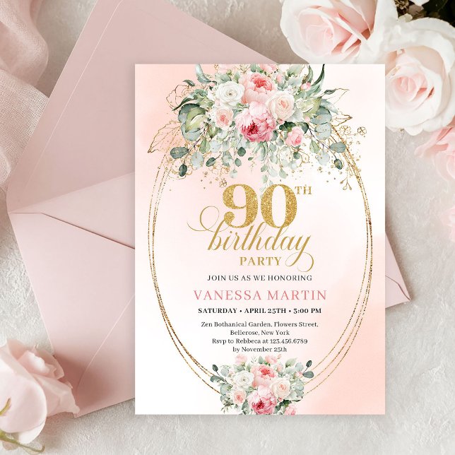 Invitation pour une fête d'anniversaire de 90 ans  (Minimal Blush Rose Gold 90th Birthday Party Invitation)