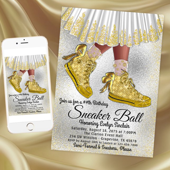 Invitation pour une fête d'anniversaire de balleri (Girl Gold Sneaker Ball Birthday Party Invitation. Instant download and printed invitations available)