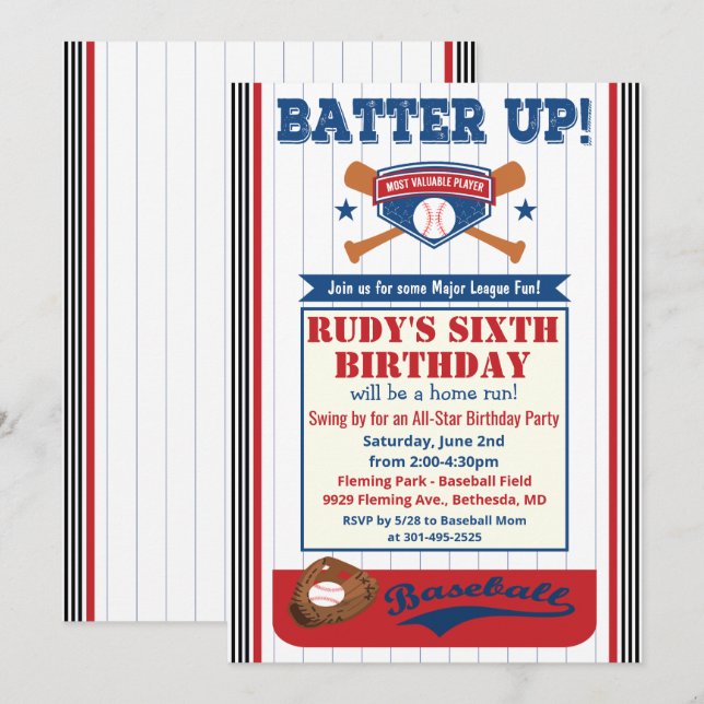 Invitation pour une fête d'anniversaire de basebal (Devant / Derrière)