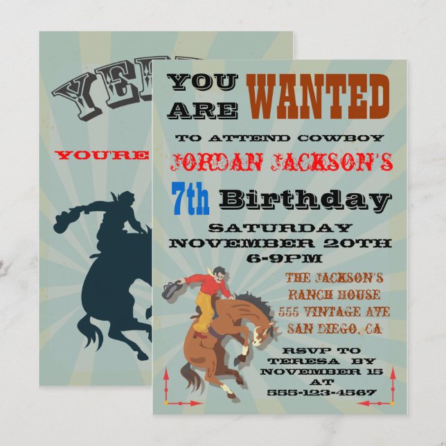 Invitation pour une fête d'anniversaire de cowboy  (Devant / Derrière)