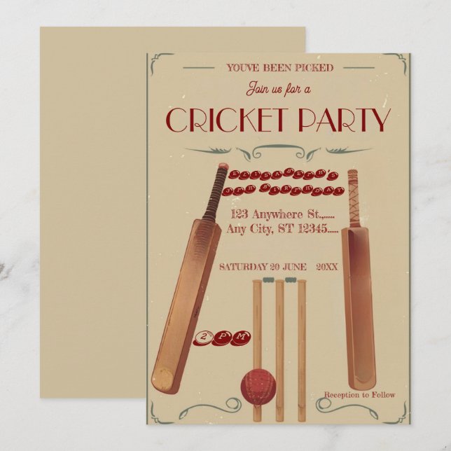 Invitation pour une fête d'anniversaire de cricket (Devant / Derrière)