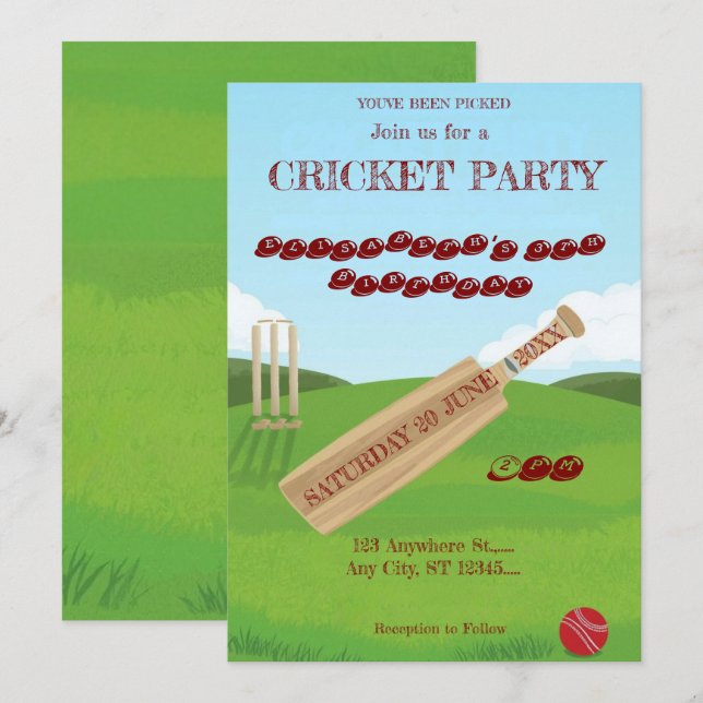 Invitation pour une fête d'anniversaire de cricket (Devant / Derrière)