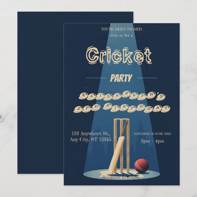 Invitation pour une fête d'anniversaire de cricket (Devant / Derrière)