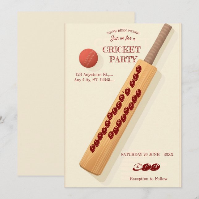 Invitation pour une fête d'anniversaire de cricket (Devant / Derrière)