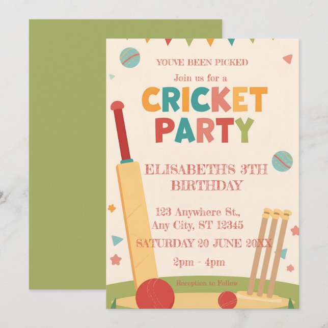 Invitation pour une fête d'anniversaire de cricket (Devant / Derrière)