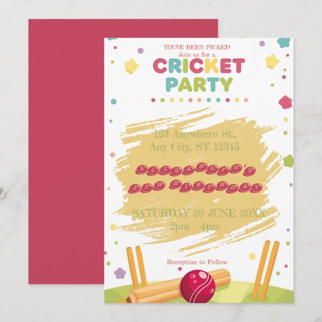 Invitation pour une fête d'anniversaire de cricket (Devant / Derrière)