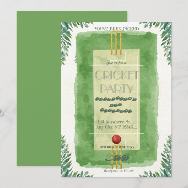 Invitation pour une fête d'anniversaire de cricket (Devant / Derrière)