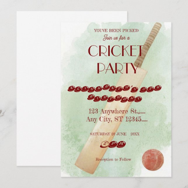Invitation pour une fête d'anniversaire de cricket (Devant / Derrière)