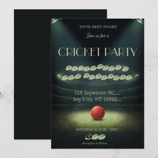 Invitation pour une fête d'anniversaire de cricket (Devant / Derrière)