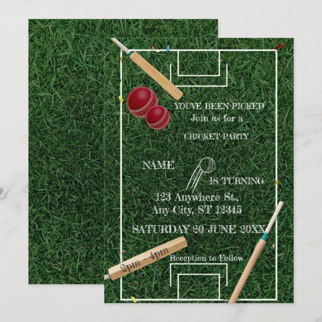 Invitation pour une fête d'anniversaire de cricket (Devant / Derrière)