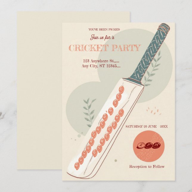 Invitation pour une fête d'anniversaire de cricket (Devant / Derrière)