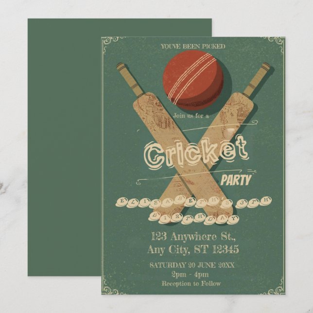Invitation pour une fête d'anniversaire de cricket (Devant / Derrière)