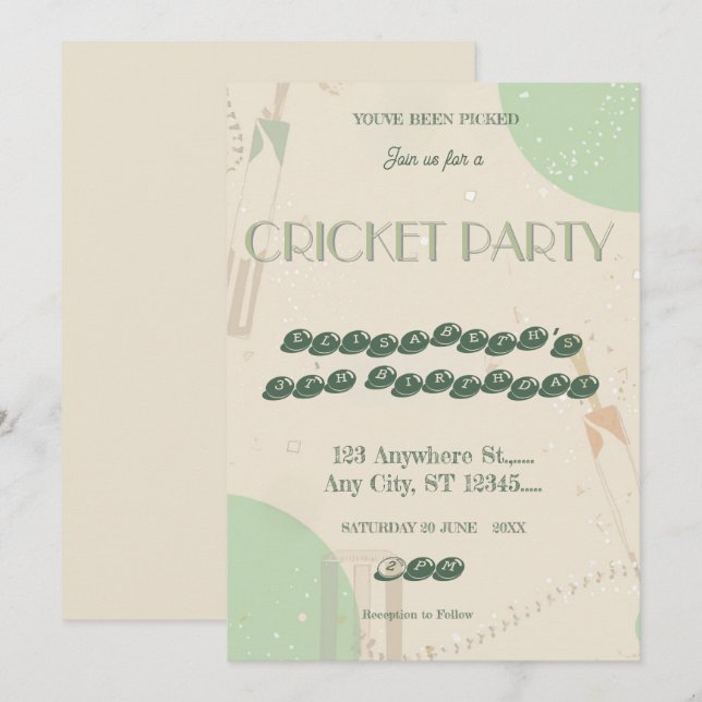 Invitation pour une fête d'anniversaire de cricket (Devant / Derrière)