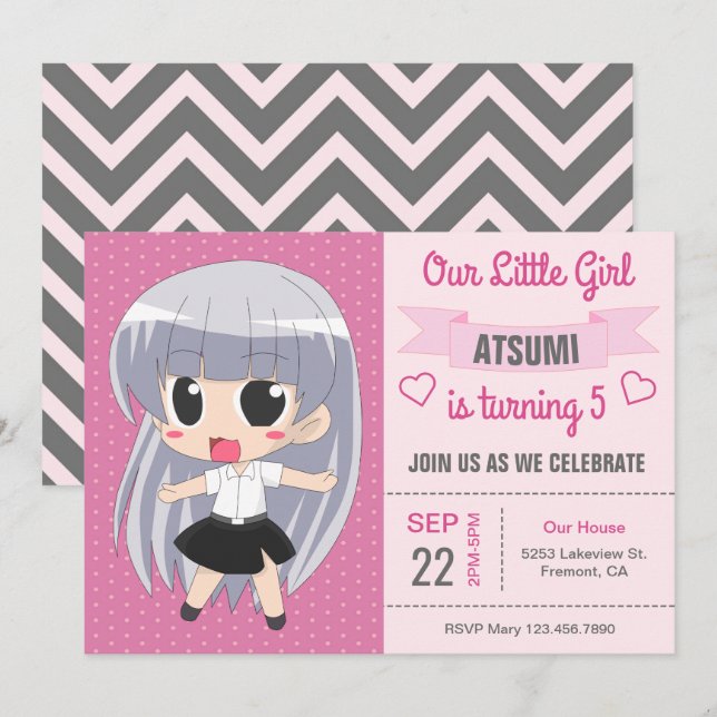 Invitation pour une fête d'anniversaire de fille j (Devant / Derrière)
