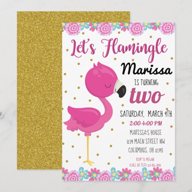 Invitation pour une fête d'anniversaire de flamant (Devant / Derrière)