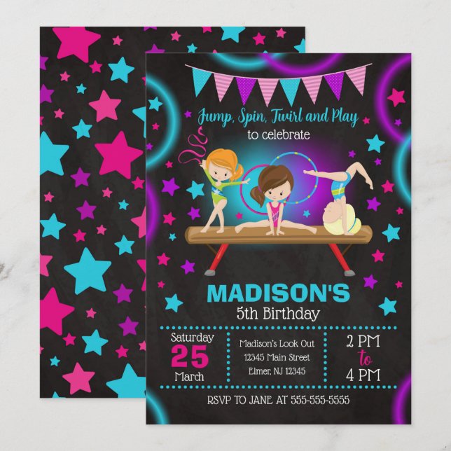 Invitation pour une fête d'anniversaire de gymnast (Devant / Derrière)