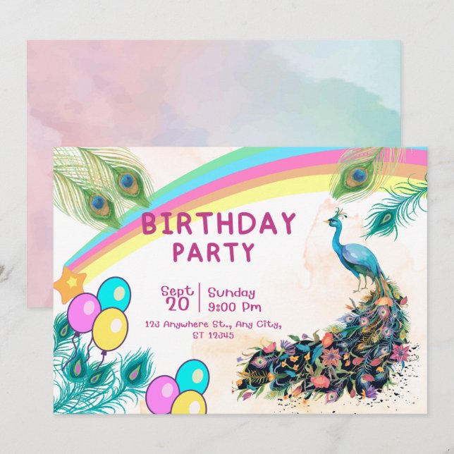  Invitation pour une fête d'anniversaire de paon   (Devant / Derrière)