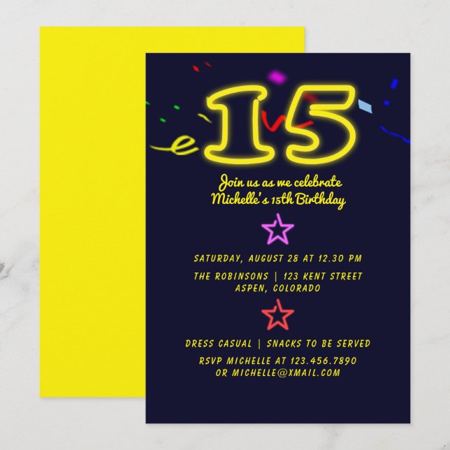 Invitation pour une fête d'anniversaire de quinze  (Devant / Derrière)