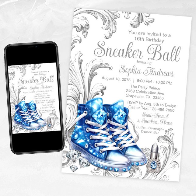 Invitation pour une fête d'anniversaire de Sneaker (Blue and Silver Sneaker Ball Invitation with Pretty Blue Diamond Sneakers, Diamonds and Swirls)