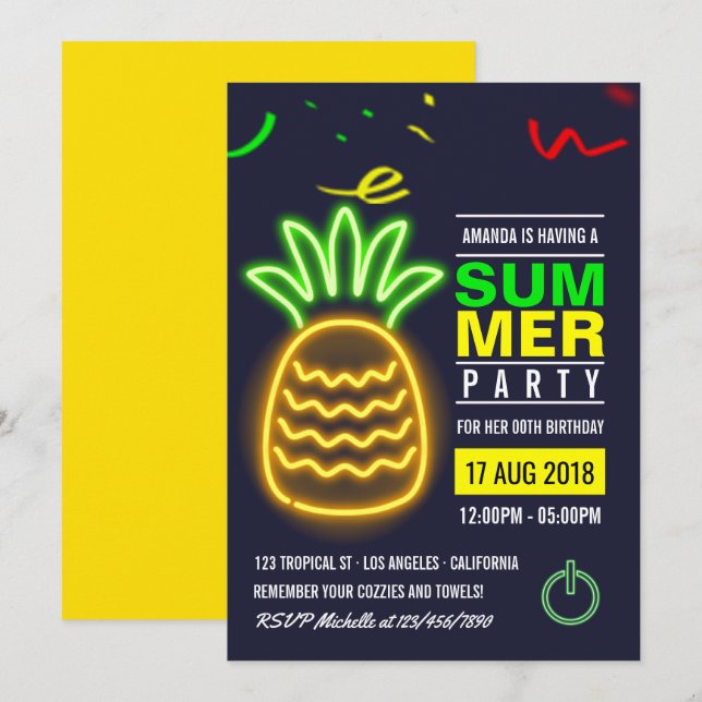 Invitation pour une fête d'anniversaire d'été au t (Devant / Derrière)