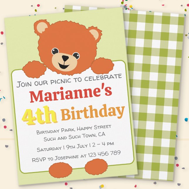 Invitation pour une fête d'anniversaire d'été piqu (Teddy Bear Bierhday Picnic Invite)