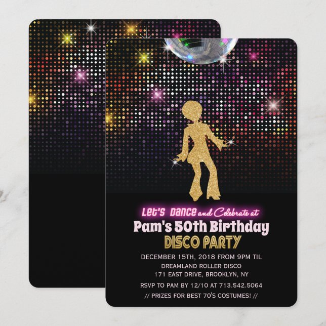 Invitation pour une fête d'anniversaire disco tout (Devant / Derrière)