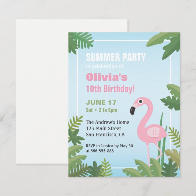 Invitation pour une fête d'anniversaire Flamingo T (Devant / Derrière)