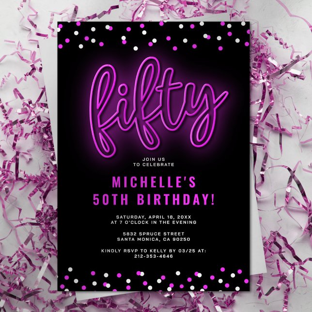Invitation pour une fête d'anniversaire Neon Fifty (Créateur téléchargé)