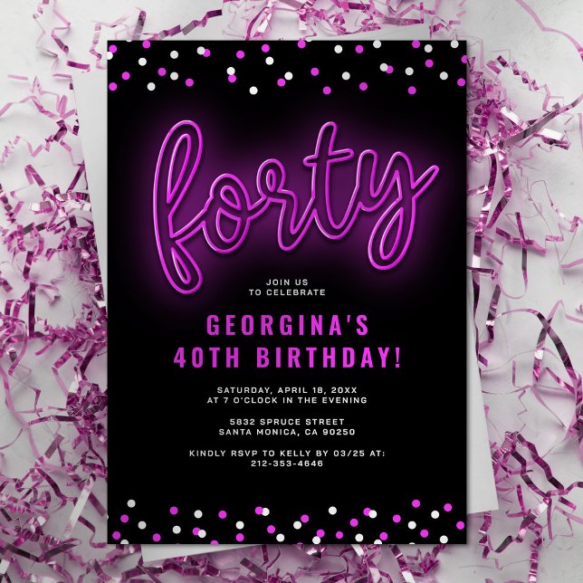 Invitation pour une fête d'anniversaire Neon Forty (Créateur téléchargé)