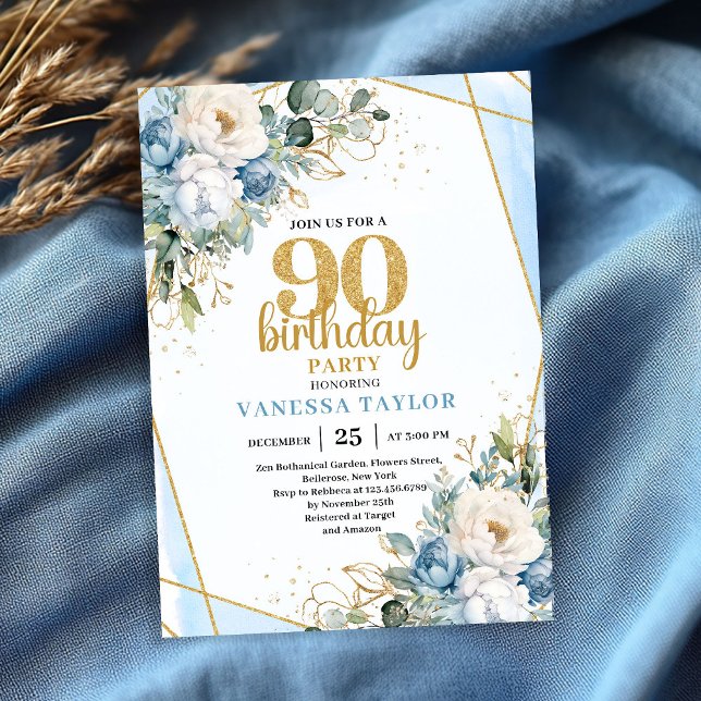 Invitation pour une fête d'anniversaire pour les 9 (Blue Flower Gold Accent 90th Birthday Party Invite)