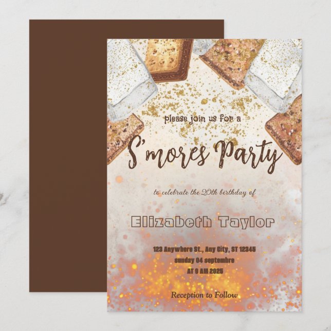 Invitation pour une fête d'anniversaire S'mores –  (Devant / Derrière)