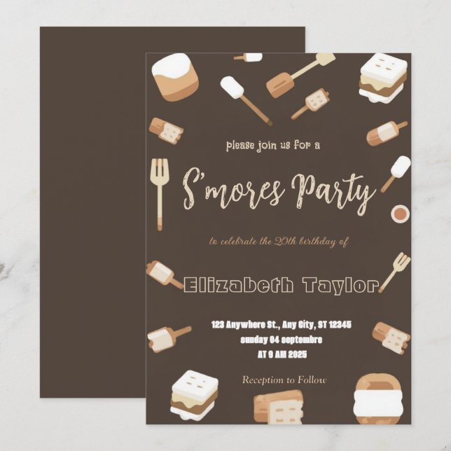 Invitation pour une fête d'anniversaire S'mores –  (Devant / Derrière)