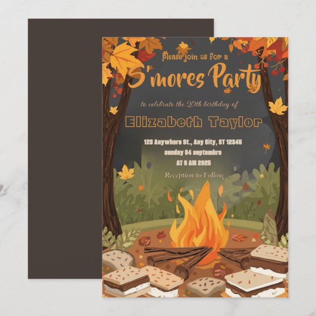 Invitation pour une fête d'anniversaire S'mores –  (Devant / Derrière)