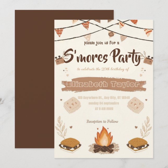 Invitation pour une fête d'anniversaire S'mores –  (Devant / Derrière)