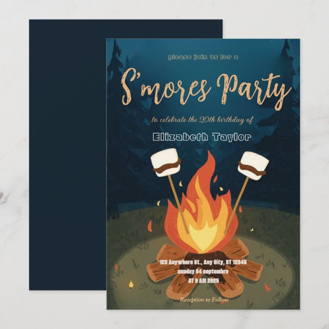 Invitation pour une fête d'anniversaire S'mores –  (Devant / Derrière)