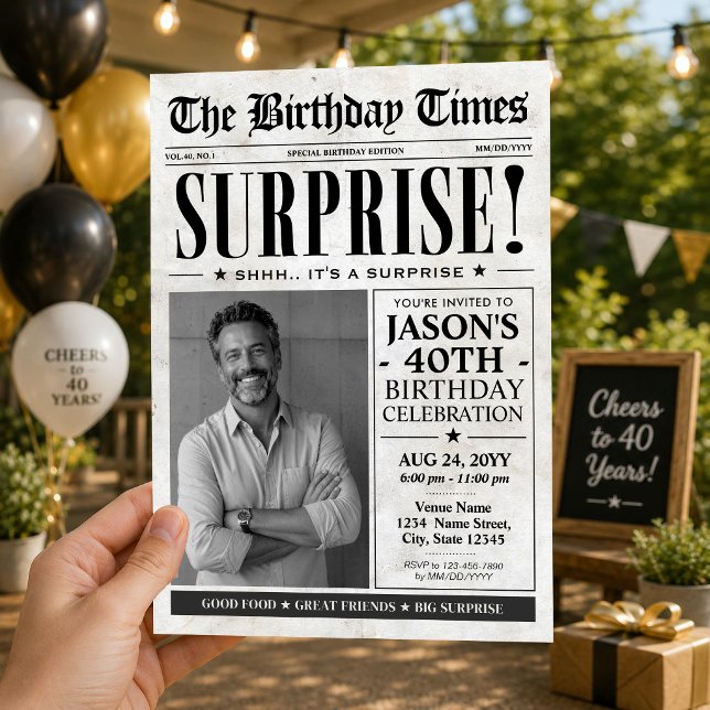 Invitation pour une fête d'anniversaire surprise,  (Custom Birthday Newspaper Surprise Birthday Invitation)