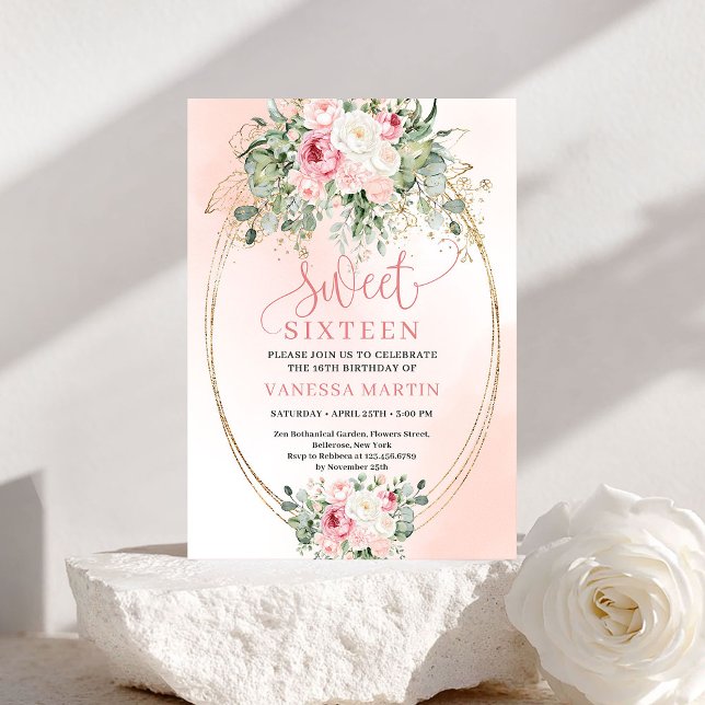 Invitation pour une fête d'anniversaire Sweet 16 a (Blush Gold Floral Sweet 16 Birthday Party Invitation)