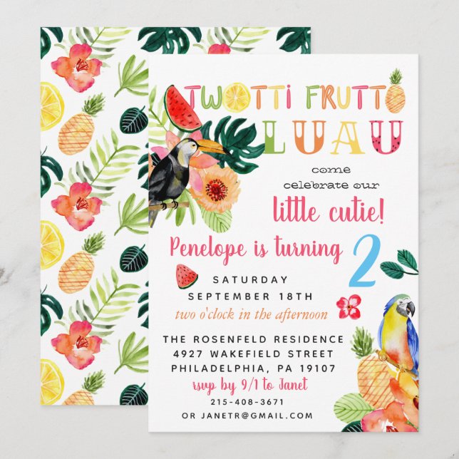 Invitation pour une fête d'anniversaire Twotti Fru (Devant / Derrière)